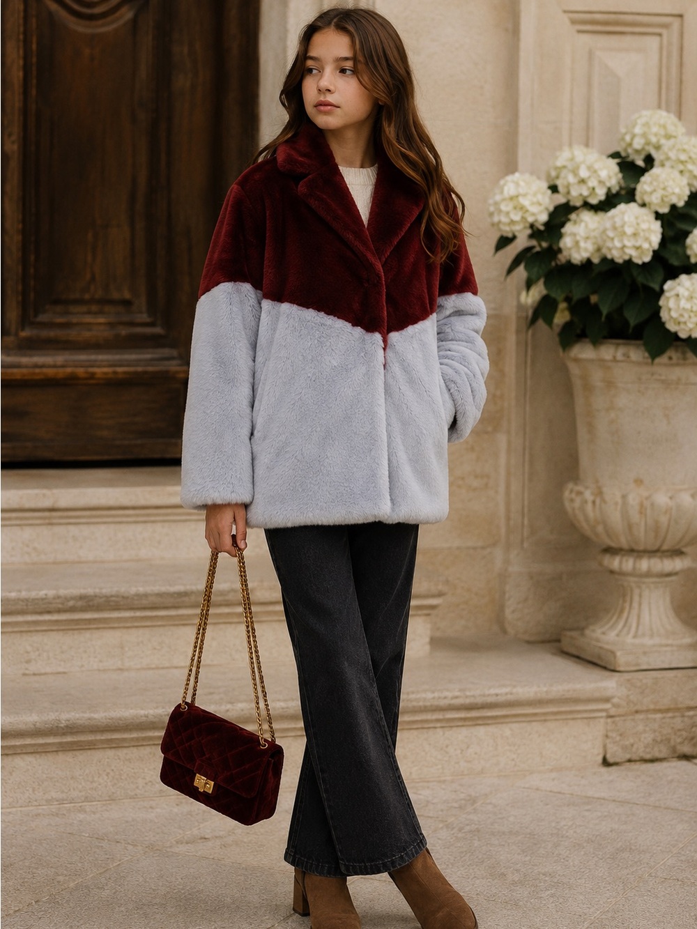 MOLO Haili Faux Fur Coat Burgundy & Light Blue Colorblock Girls 164 | US 14